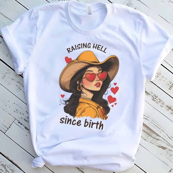 Raising Hell Since Birth Western Tee Graphic Short Sleeve T-Shirt - Picture 1 of 2